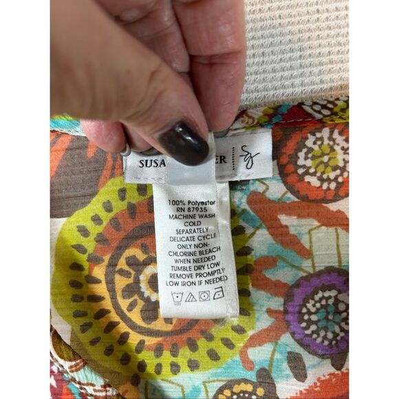 Susan Graver Boho Fall Floral Patchwork Top L Sheer Tunic Caftan Blouse - Picture 4 of 9